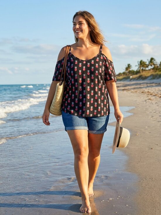 torrid Tops - Torrid Pineapple Print Cold Shoulder Short Sleeve Blouse